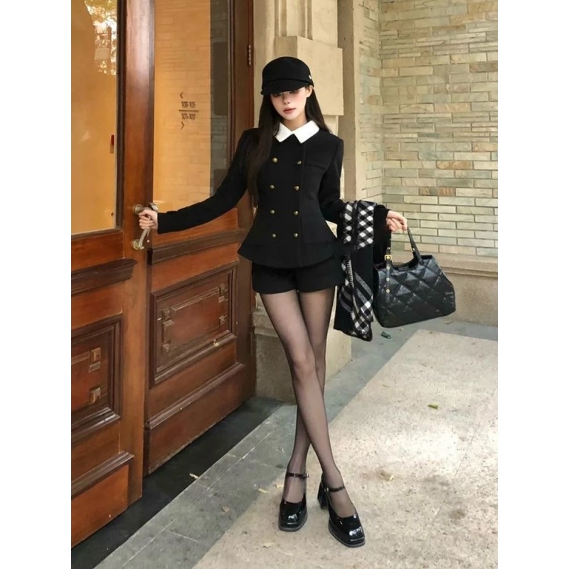 冬季千金感韩系学院风黑色双排扣毛呢收腰外套修身短裤气质两件套,淘宝优惠券,粉丝福利购,淘宝优惠卷