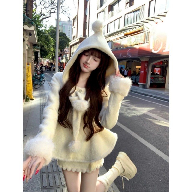 法式温柔风巨好看呢子套装连帽拼接毛绒收腰显瘦外套半身裙两件套,淘宝优惠券,粉丝福利购,淘宝优惠卷