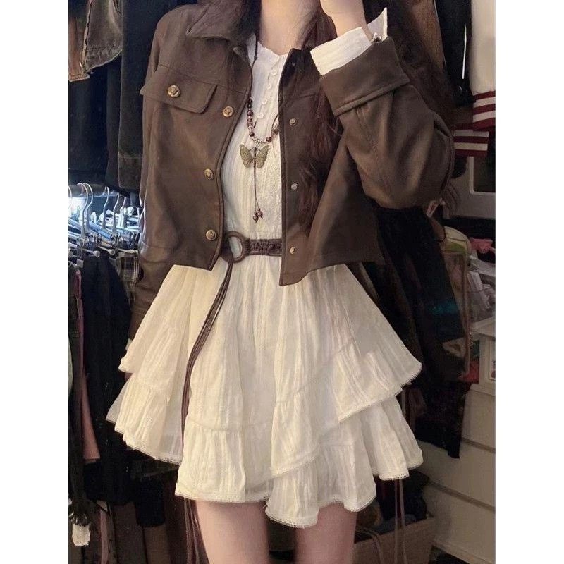 美式经典复古机车棕色百搭皮克外套+温柔风初恋感收腰小白裙套装,淘宝优惠券,粉丝福利购,淘宝优惠卷