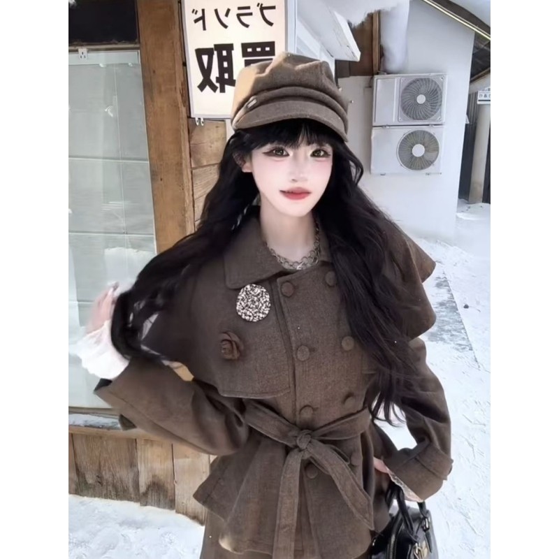 法式英伦风复古小香风套装毛呢棕色双排扣拼接斗篷外套半身裙套装,淘宝优惠券,粉丝福利购,淘宝优惠卷