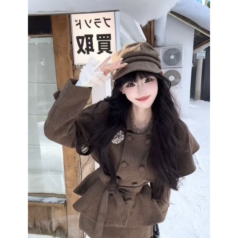 法式英伦风复古小香风套装毛呢棕色双排扣拼接斗篷外套半身裙套装,淘宝优惠券,粉丝福利购,淘宝优惠卷