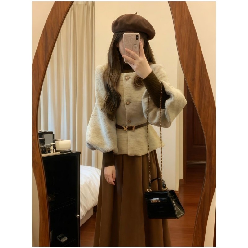 法式轻奢风高级感穿搭棕色复古打底衣名媛小香外套中长裙三件套女,淘宝优惠券,粉丝福利购,淘宝优惠卷