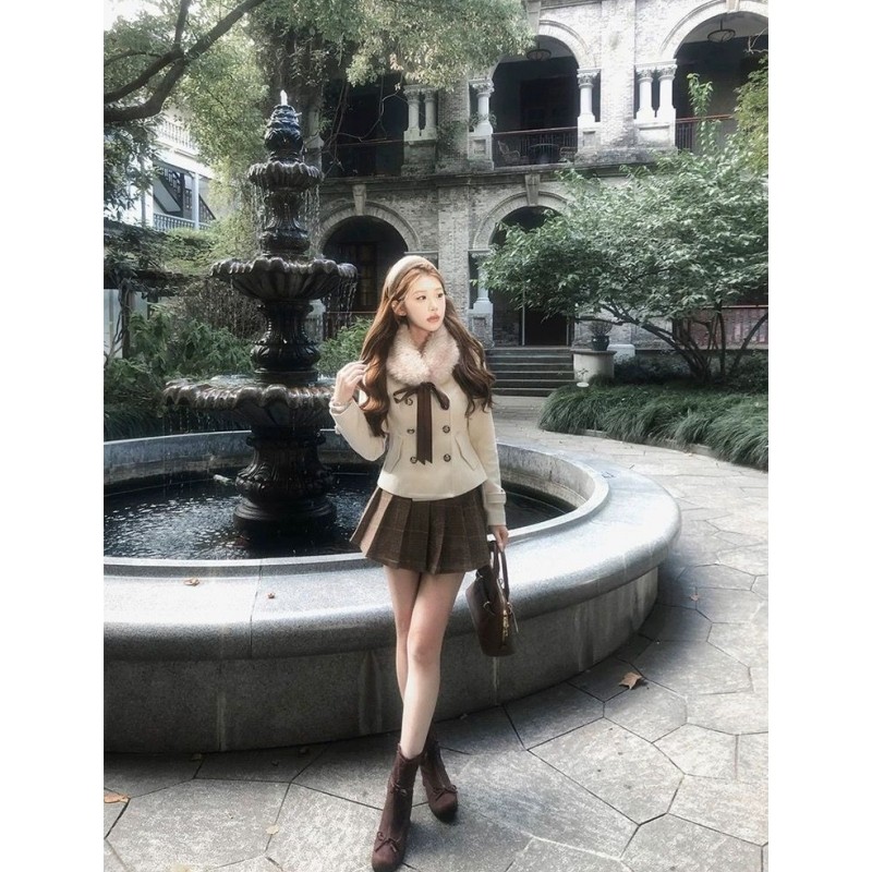 秋冬新款气质英伦风高级感套装小香风双排扣外套高腰百褶裙两件套,淘宝优惠券,粉丝福利购,淘宝优惠卷