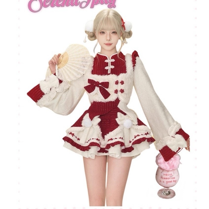 圣诞红色少女风甜美毛绒套装女冬季氛围感上衣马甲蓬蓬裙三件套,淘宝优惠券,粉丝福利购,淘宝优惠卷