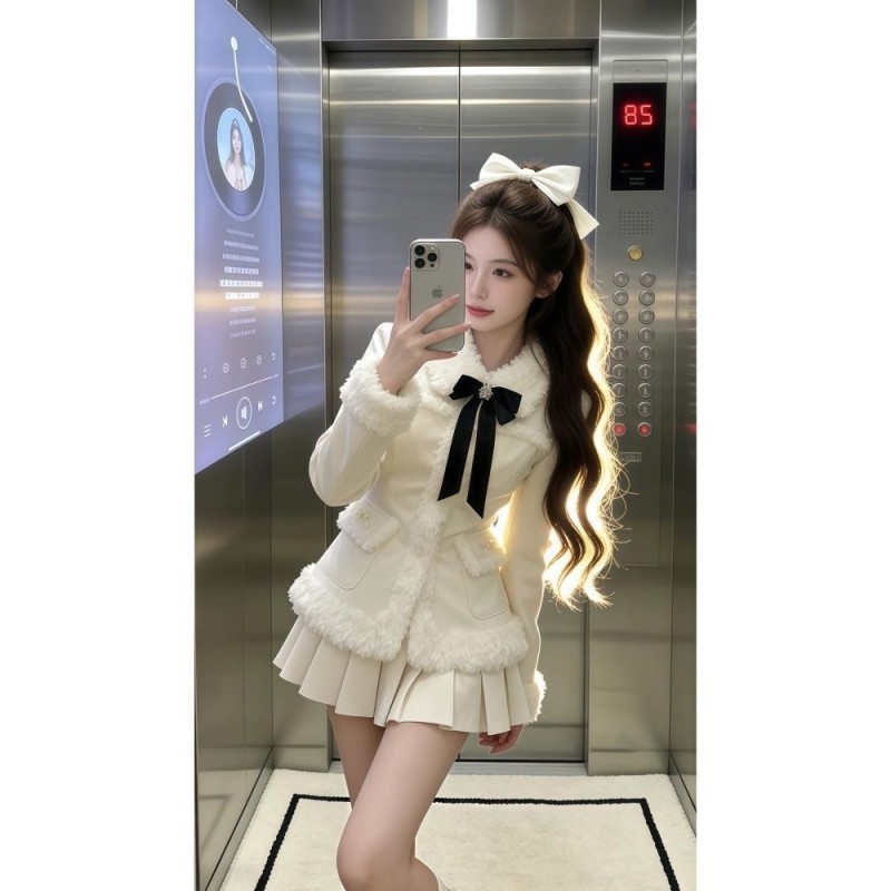 冬季甜美氛围感小香风套装拼接毛领保暖外套千金感百褶裙两件套女,淘宝优惠券,粉丝福利购,淘宝优惠卷