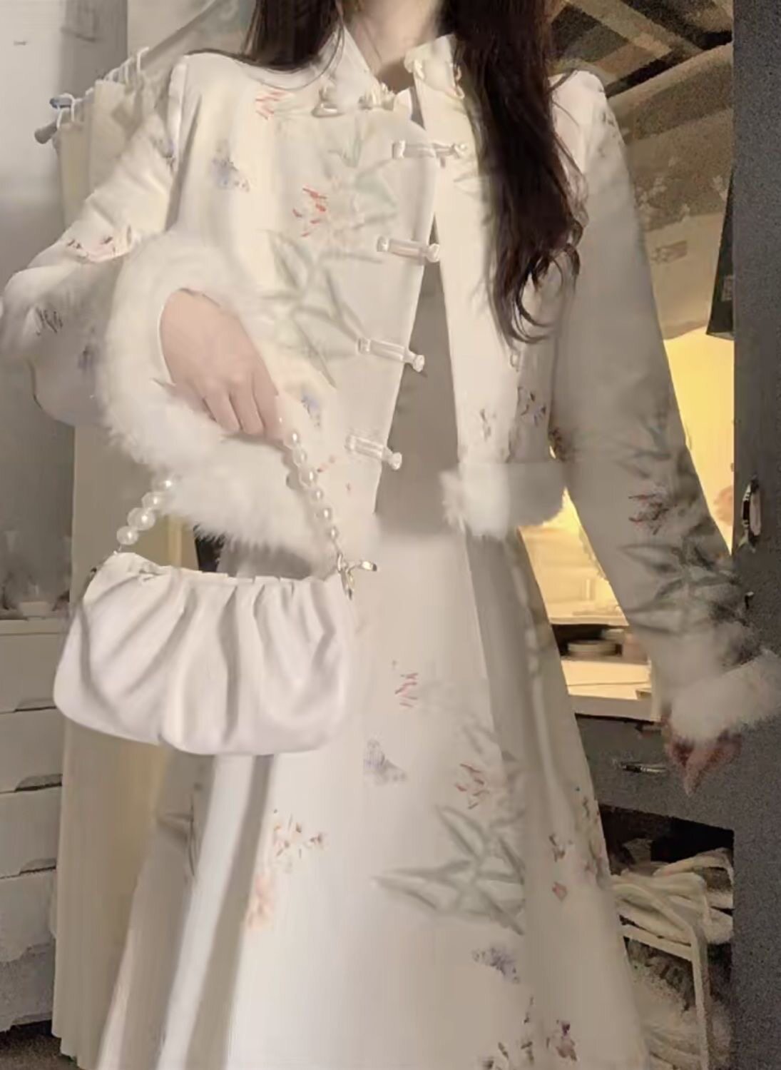 秋冬新中式国风复古改良旗袍碎花连衣裙毛边拼接短款外套时尚套装,淘宝优惠券,粉丝福利购,淘宝优惠卷