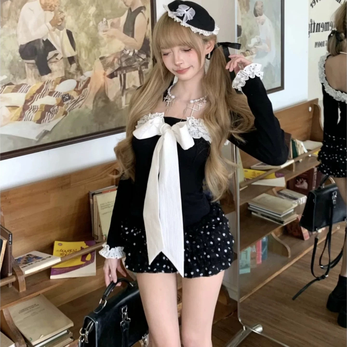 早秋纯欲风辣妹蕾丝蝴蝶结重新黑色显瘦上衣波点蛋糕裙裤两件套女,淘宝优惠券,粉丝福利购,淘宝优惠卷