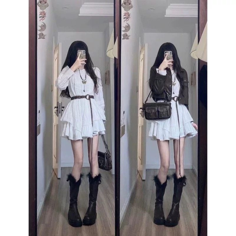 美式经典复古机车棕色百搭皮克外套+温柔风初恋感收腰小白裙套装,淘宝优惠券,粉丝福利购,淘宝优惠卷