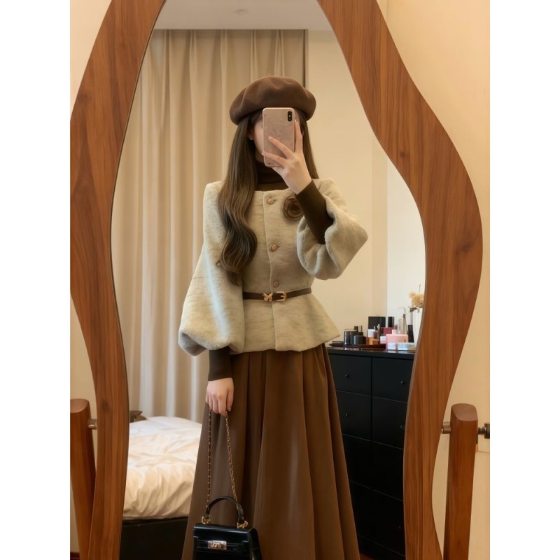 法式轻奢风高级感穿搭棕色复古打底衣名媛小香外套中长裙三件套女,淘宝优惠券,粉丝福利购,淘宝优惠卷