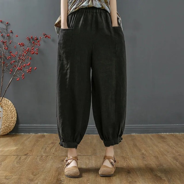 Women's cotton and linen bloomers loose leg-tie versatile harem pants