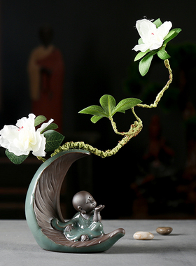 小和尚哥窑花瓶花器新中式家居装饰品茶道客厅博古架陶瓷创意摆件