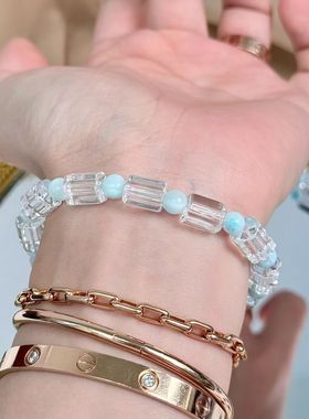 天然粉水晶方糖手链女款单圈手串送女友闺蜜生日礼物