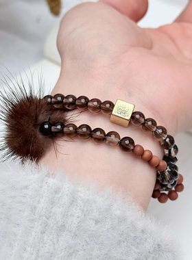 天然茶水晶手链女款双圈时尚百搭饰品礼物送女友闺蜜生日礼物