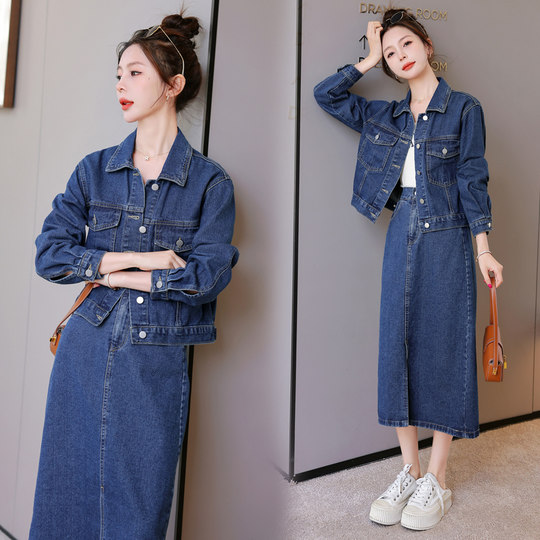 牛仔套装连衣裙女2024春秋季新款时尚减龄短外套休闲半身裙两件套