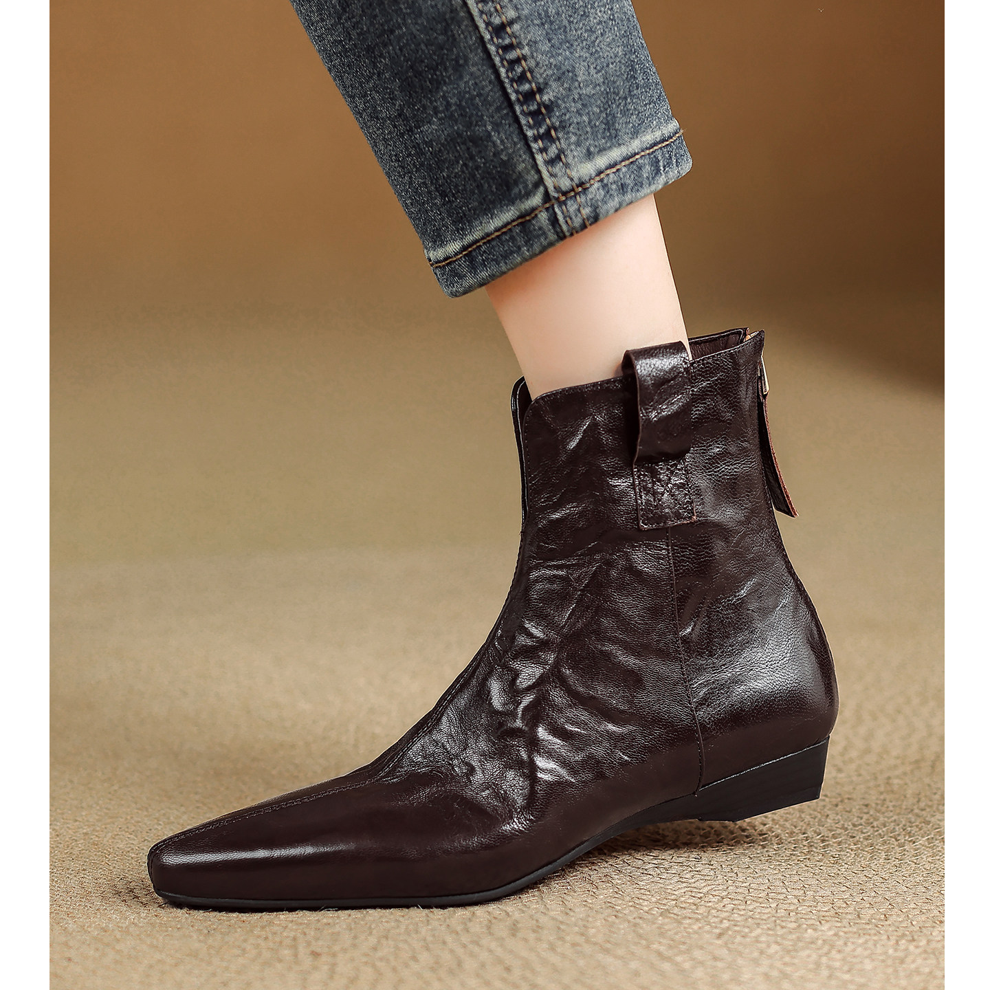 Kmeizu巨显瘦~羊皮低跟短靴女秋冬V口西部靴及踝裸简约真皮马丁靴,淘宝优惠券,粉丝福利购,淘宝优惠卷