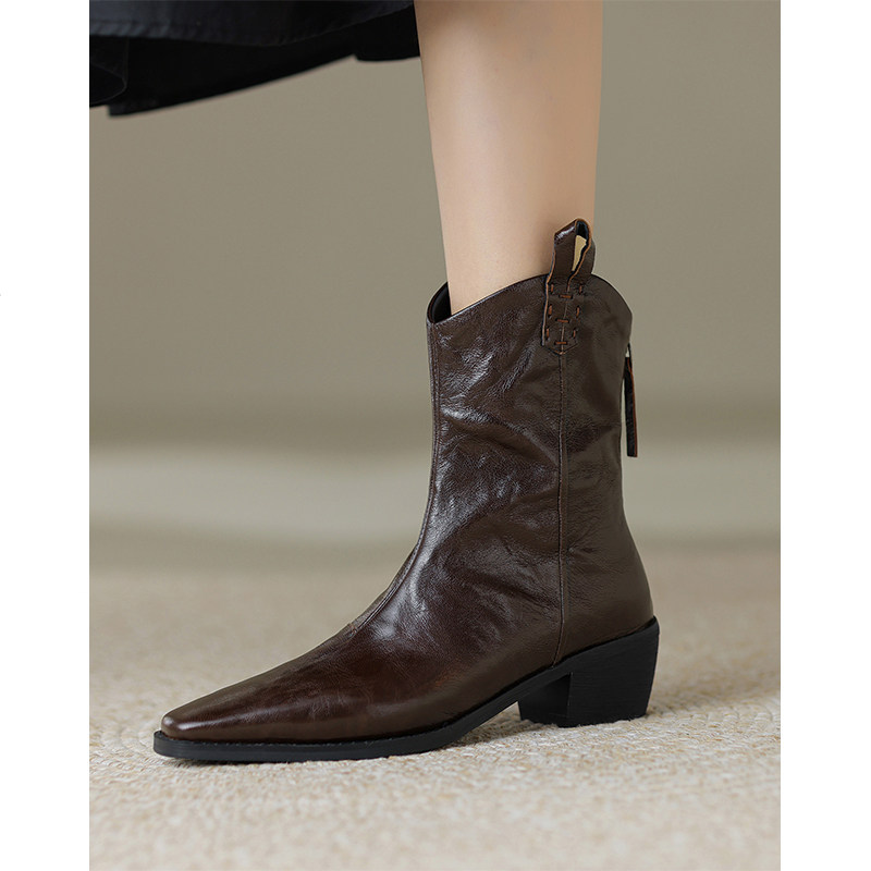 Kmeizu用心做好鞋~羊皮手抓纹短靴欧美高定复古V口西部牛仔靴粗跟,淘宝优惠券,粉丝福利购,淘宝优惠卷