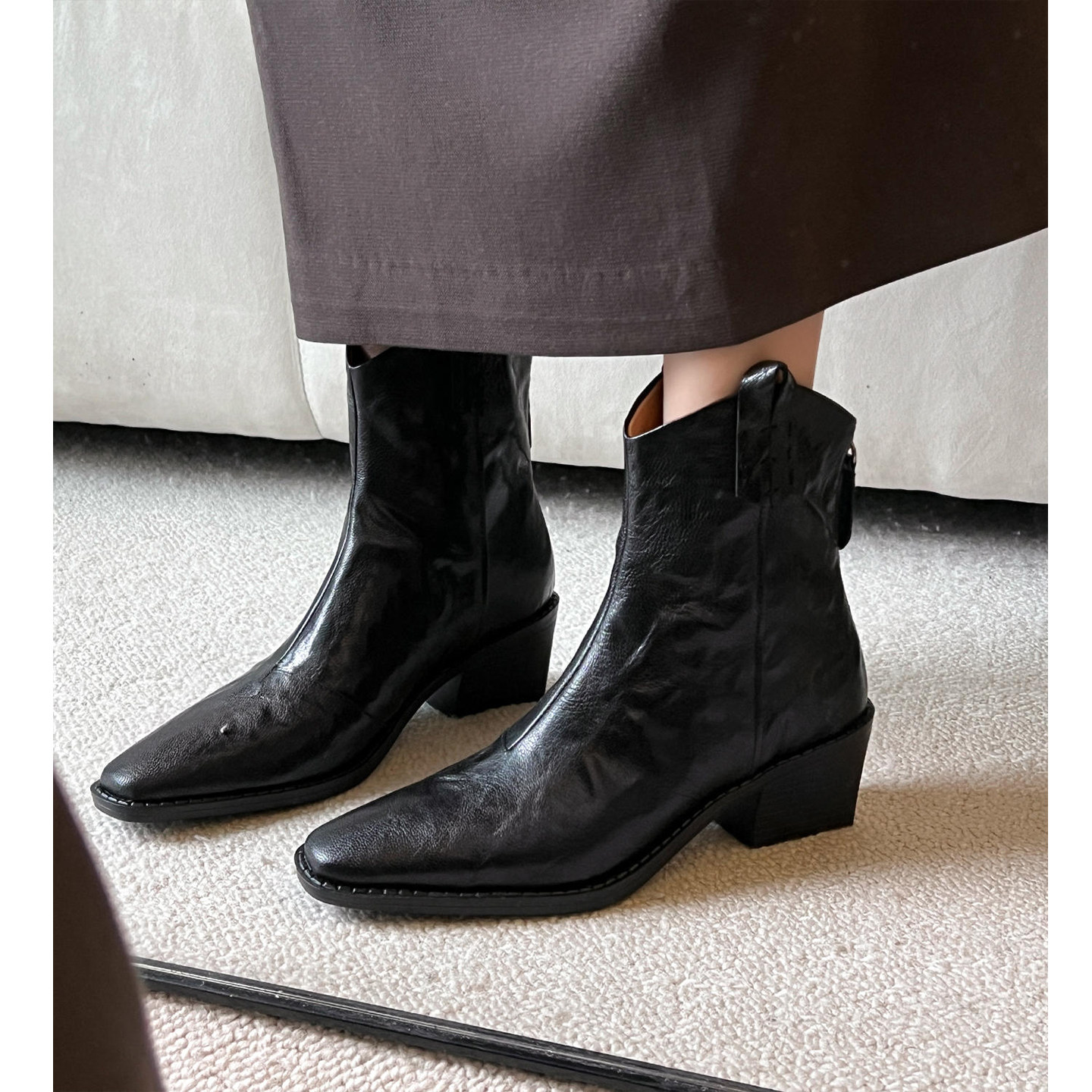 Kmeizu巨显瘦~5.5cm粗跟羊皮短靴女秋冬V口西部靴后拉链及踝马靴,淘宝优惠券,粉丝福利购,淘宝优惠卷