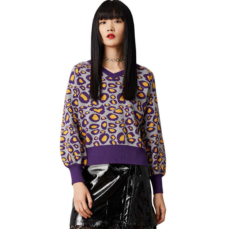 马克华菲2019秋新款豹纹修身针织衫 易崴迅服饰毛针织衫