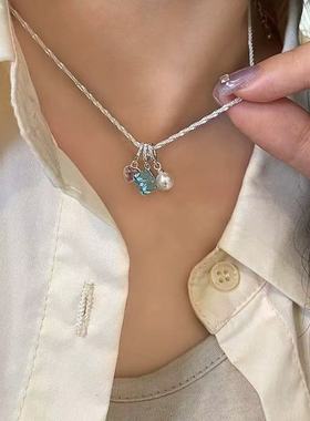 蓝色方糖方钻锆石爱心珍珠吊坠项