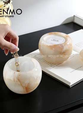 本墨 复古天然玉石高端收纳罐香薰罐样板房售楼处客厅桌面摆件