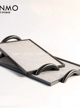 本墨 现代简约金属皮革皮质双耳托盘样板房客厅餐厅桌面装饰品