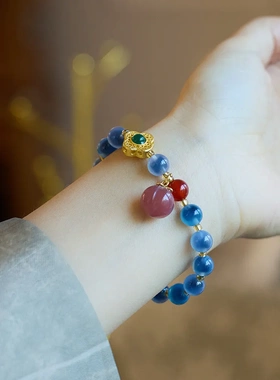 天然蓝色糖心玛瑙手链女四叶草溏心玛瑙复古手串手饰寺庙同款