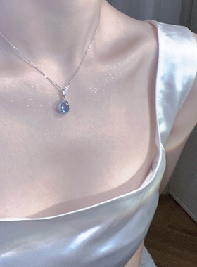 天然海蓝宝水滴纯银项链