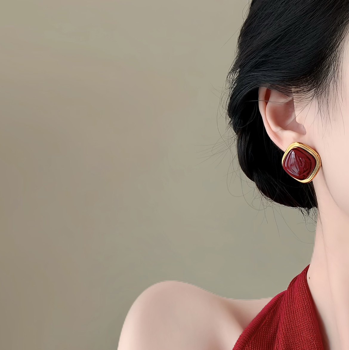 「暖红沁心」方形耳钉高级感蚊香盘耳夹红色耳坠女无耳洞耳环耳饰 - 图2