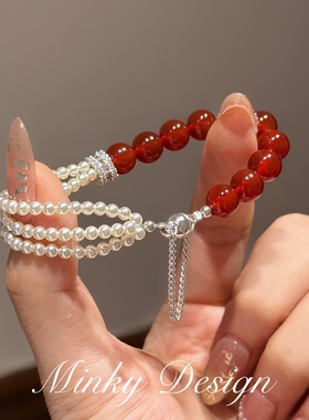 「栖羽」新中式红玛瑙手链多层串珠轻奢高级手饰小众女款珍珠手串