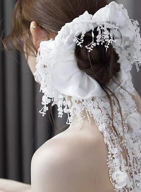 潇潇老师同款新娘白色蕾丝飘带发圈草坪婚礼鱼尾礼服配饰流苏花朵