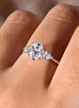 S925银莫桑石戒指女三石设计轻奢款水滴形欧美辣妹叠戴热卖现货