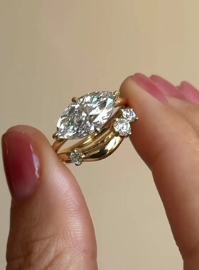 S925银双圈戒指马眼莫桑石主石白金色简约设计感爆款女欧美简约