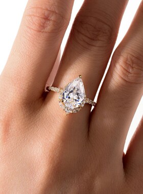 S925银镀金镶爪水滴莫桑石戒指女华丽礼服搭配款