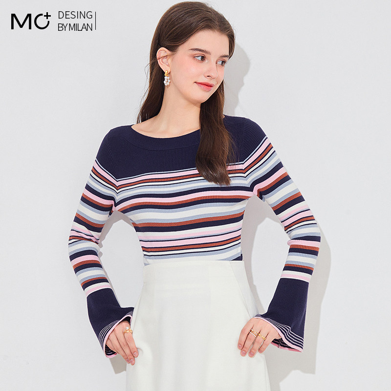 2025秋季新品修身条纹一字领打底衫洋气喇叭袖针织衫毛衣女短款,淘宝优惠券,粉丝福利购,淘宝优惠卷