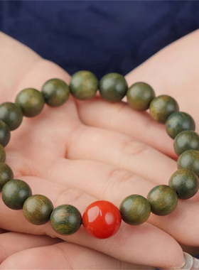 天然老绿檀木红玛瑙手串文玩木质静心盘玩佛珠手链檀香饰品喜木火
