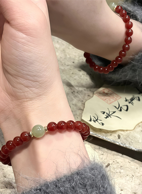 天然红玛瑙和田玉手链正品女圆珠串珠手串红色本命年转运珠礼物