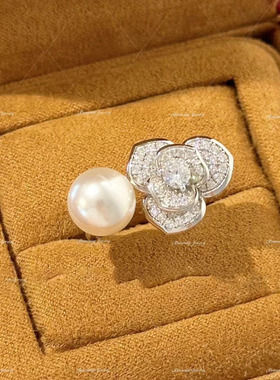 日系cherrykoko轻奢高级珍珠镂空山茶花戒指气质风满钻重工花朵