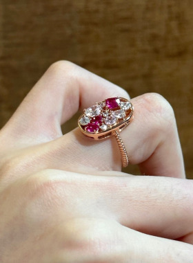 日系CherryKoko法式中古风不规则镶嵌双色钻粉钻高级感镂空戒指