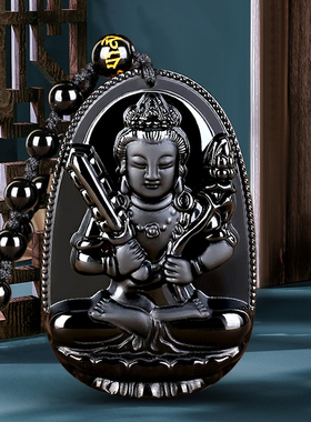 黑曜石本命佛吊坠项链男女士十二生肖守护虚空藏文殊挂件情侣项坠