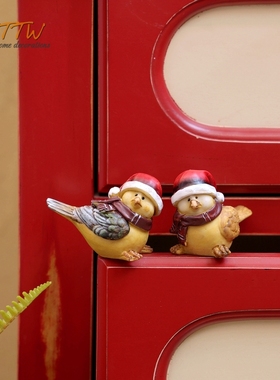 趣味美式风圣诞帽对鸟树脂摆件