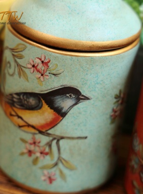 乡村复古花鸟陶瓷装饰罐桌面摆件