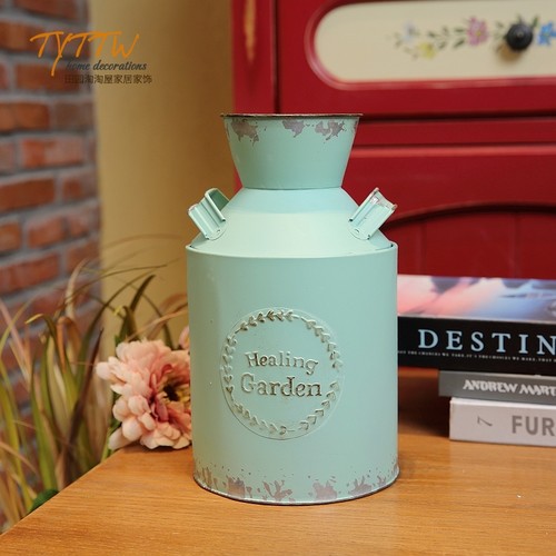 田园复古做旧花桶美式铁皮花瓶铁艺花盆花器花店插花花筒摆件 - 图1