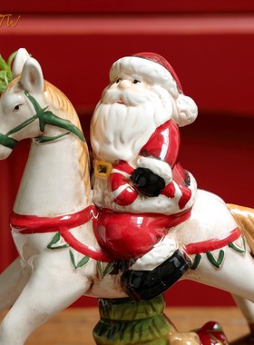 美式复古圣诞老人摇马陶瓷摆件