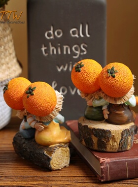 可爱橘子情侣树脂娃娃装饰摆件