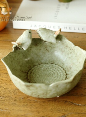 田园陶瓷复古家居小鸟莲花干果盘