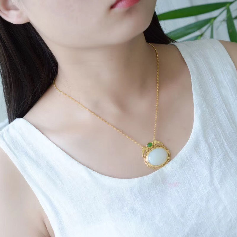 吉自天成s925纯银金镶玉坠女和田玉 吉自天成项坠/吊坠