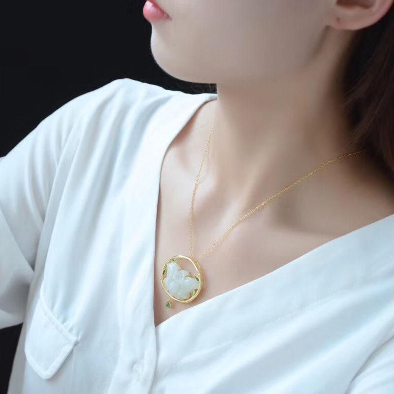 吉自天成s925纯银金镶玉坠女和田玉 吉自天成项坠/吊坠