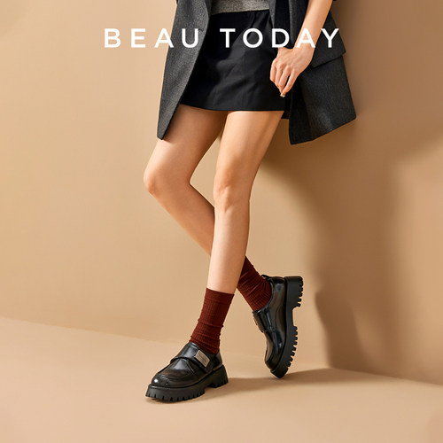 BeauToday黑色乐福鞋女款秋季增高真皮英伦风小皮鞋女厚底单鞋子 - 图1