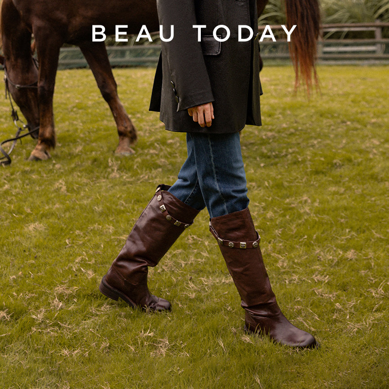 BeauToday厚底骑士靴女款BT长筒靴高筒靴咖色水洗马皮靴复古靴子,淘宝优惠券,粉丝福利购,淘宝优惠卷