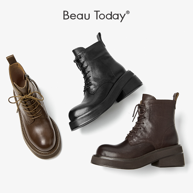 BeauToday马丁靴女款增高2024新款BT法式复古英伦风厚底真皮短靴